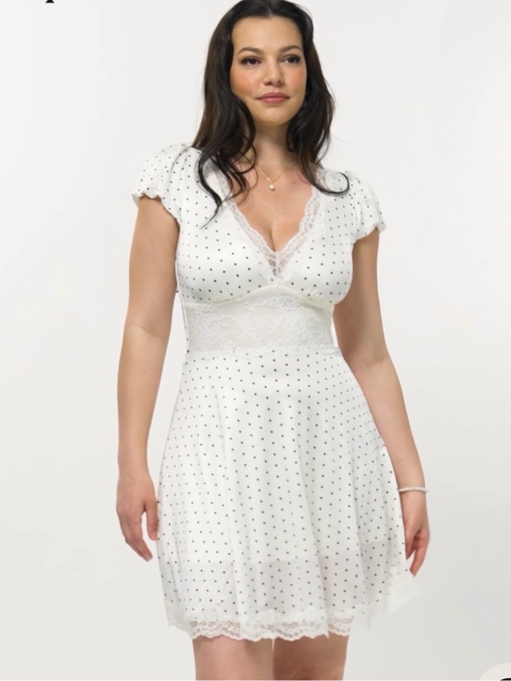 White Polka Dot Lace-Trim Mini Dress